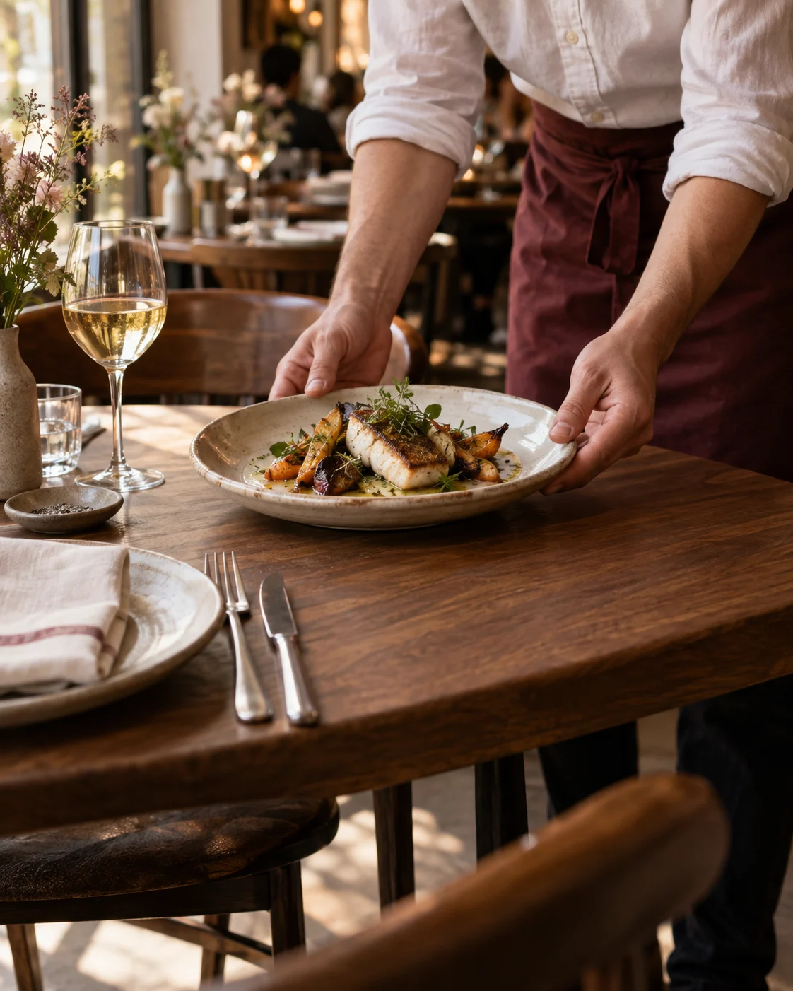 Un serveur apporte une assiette de saison à une table de bistrot.